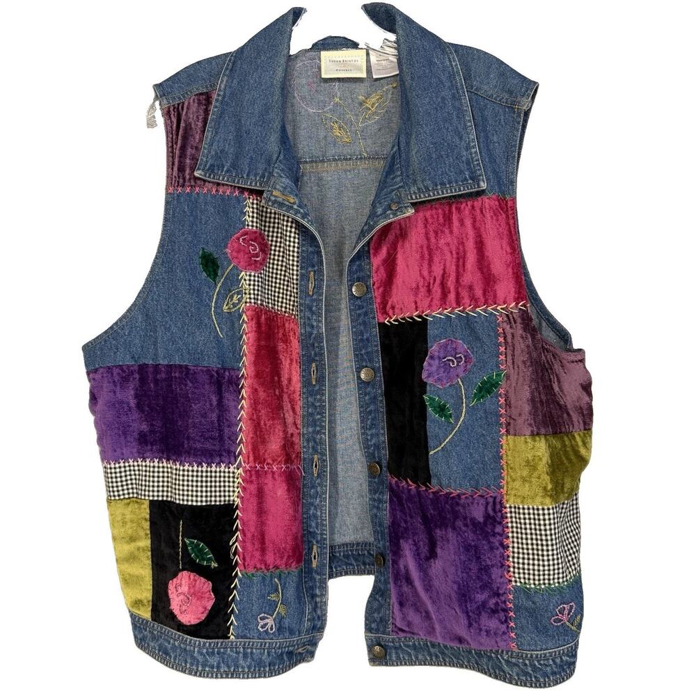 Vintage Susan Bristol Patchwork Denim Vest Hand Embroidered Floral 2W 90s Art